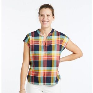 L.L.Bean Signature Plaid Cotton Split Neck Blouse Size S